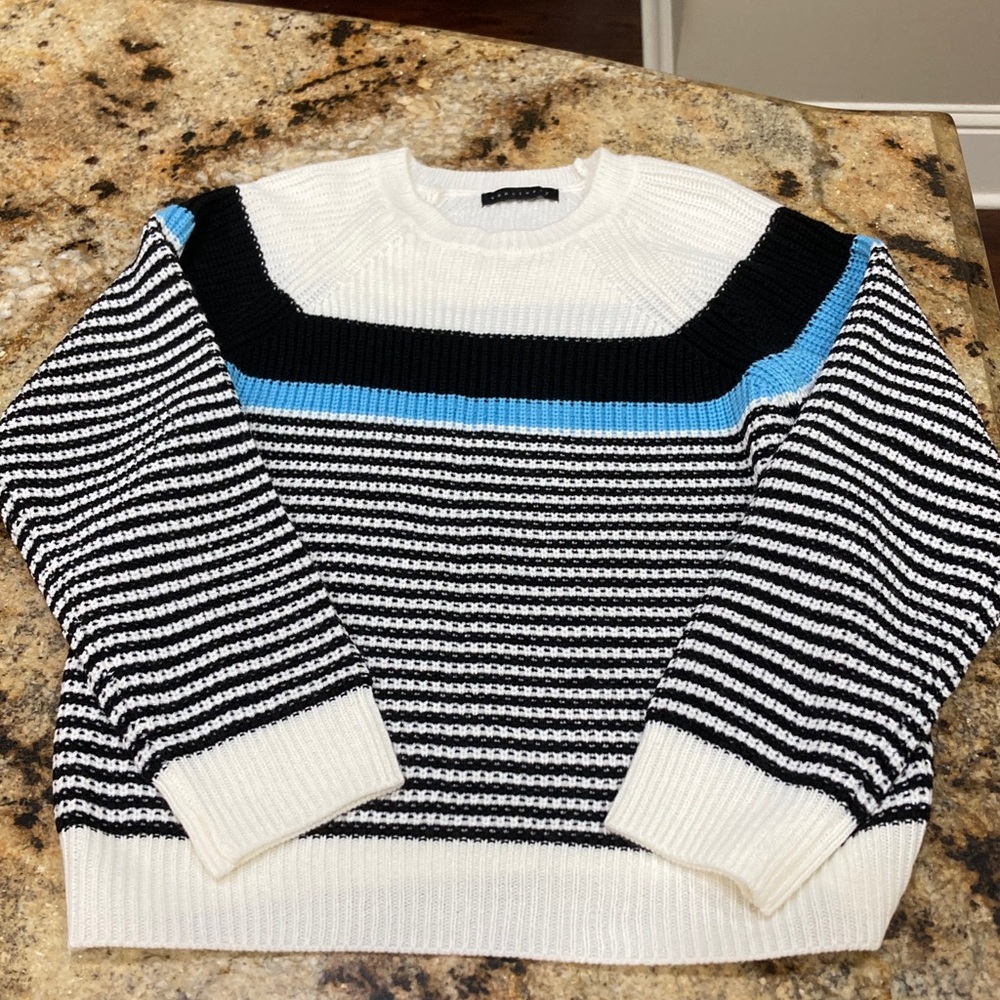 Sanctuary Black, White, and Blue Striped Women's Crewneck Comfy classic Sweater
